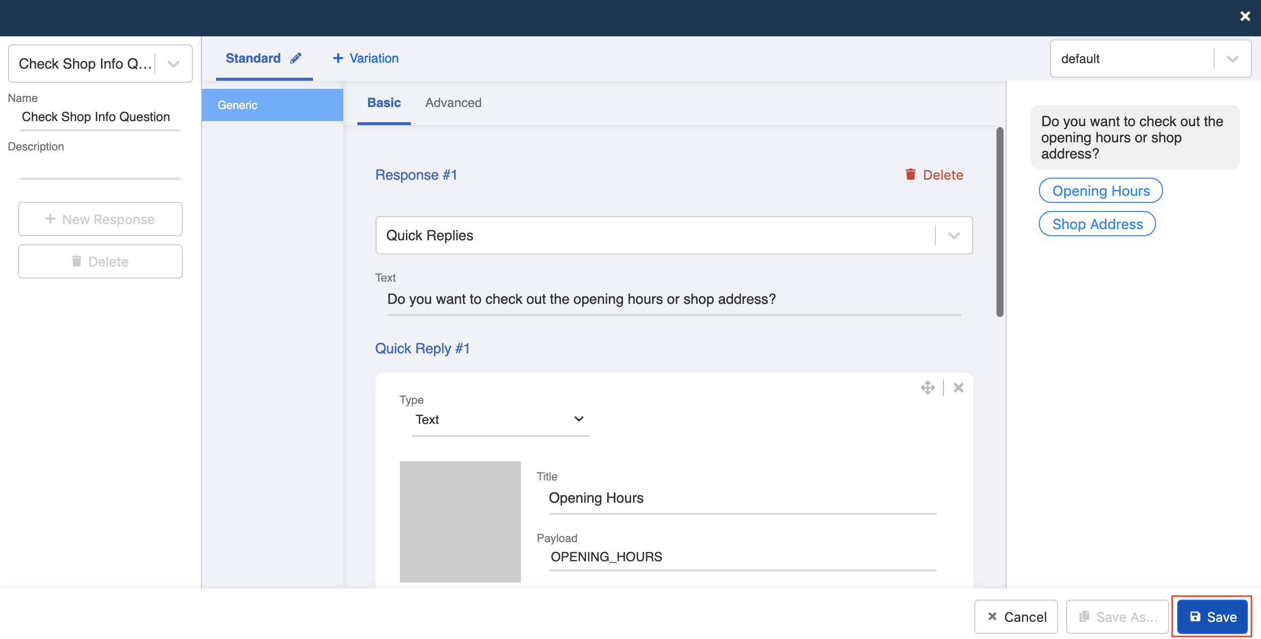 Shop Info message preview